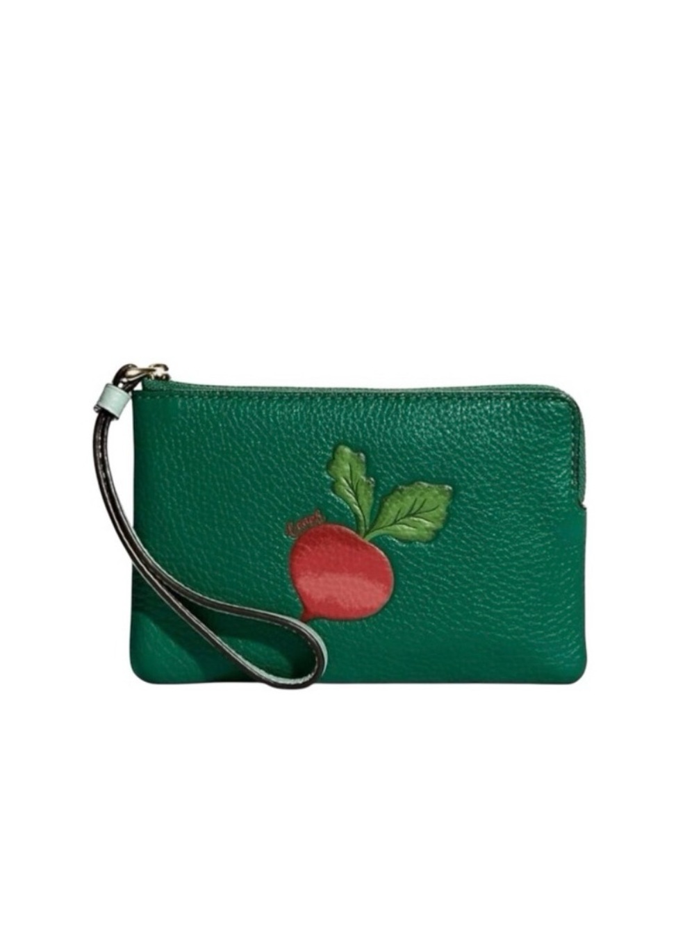 NWT Coach Green Leather Wristlet Clutch with Red Radish Accent